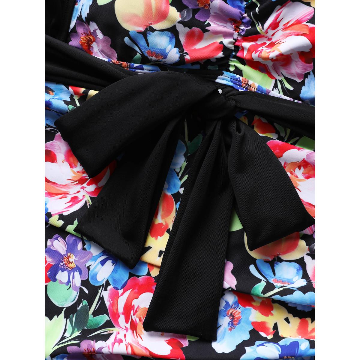 Plus Size Floral Contrast Tie Knot Ruffle Trim One Piece Swimsuit Women's Swimwear Black Beach Tie knot Curve Bathing Suits High stretch One Pieces BloomChic 28/5X Product Image