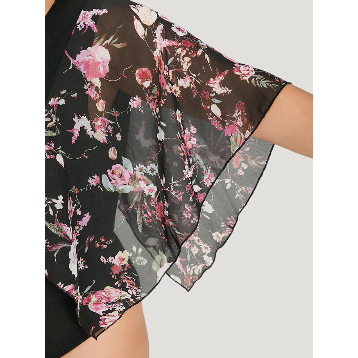 Plus Size Floral Print Patchwork Mesh Asymmetrical Sleeve Bodysuit Women Black Ditsy Floral Printed Bodysuits BloomChic 30/6X Product Image