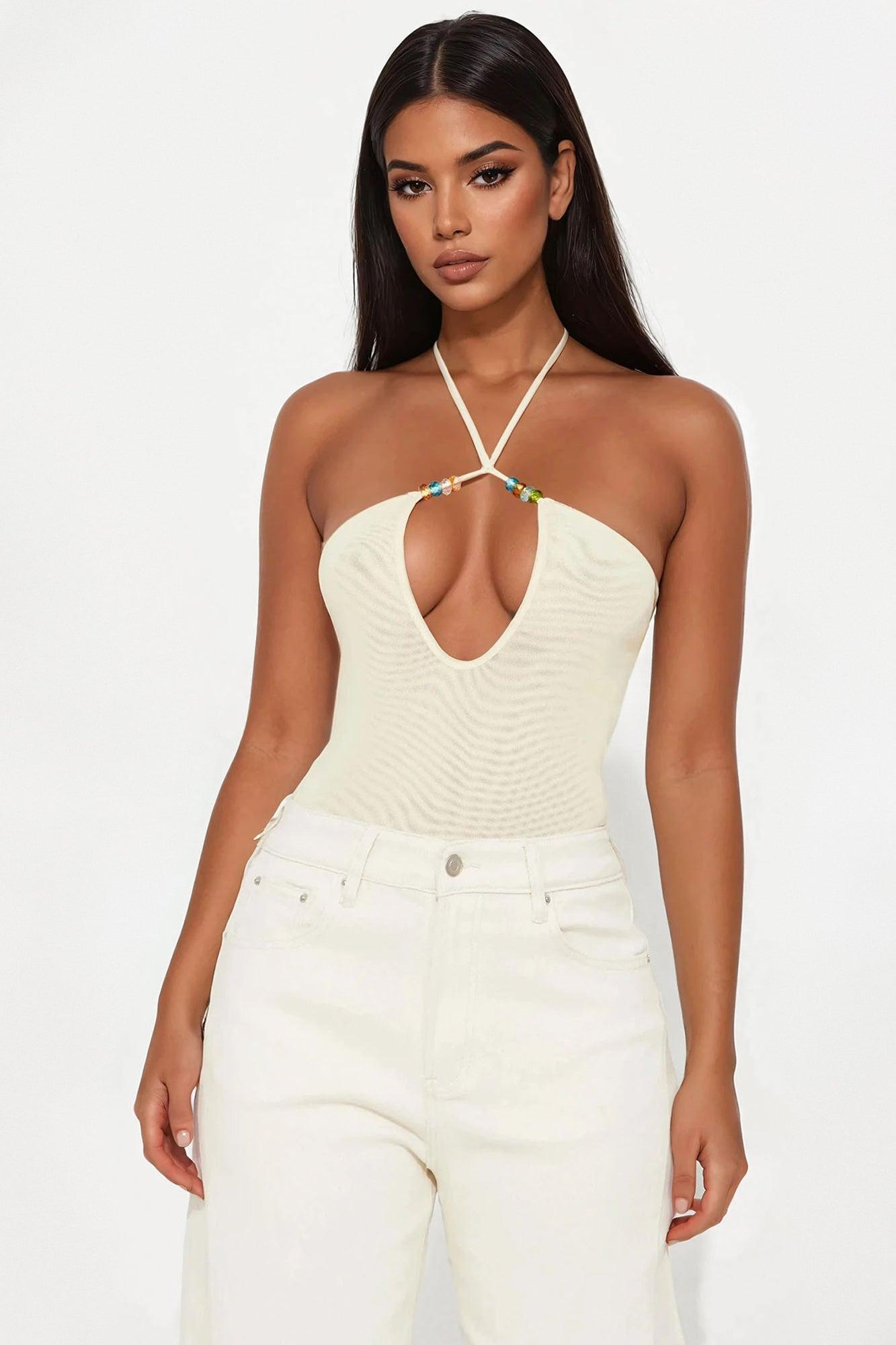 Beach Club Mesh Y-Neck Halter Bodysuit - Yellow Female Product Image