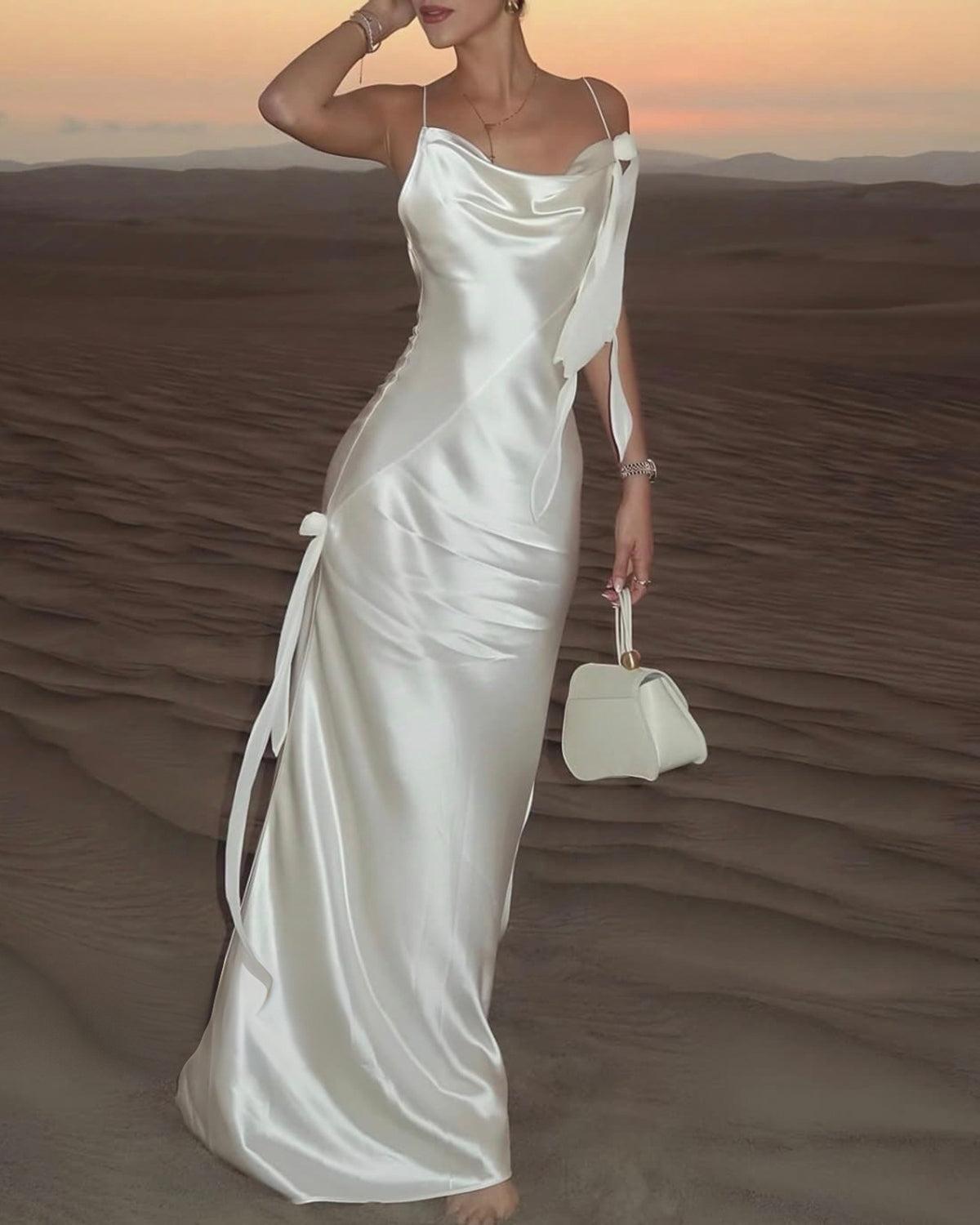 Beige Ruched Backless Slip Maxi Dress Product Image