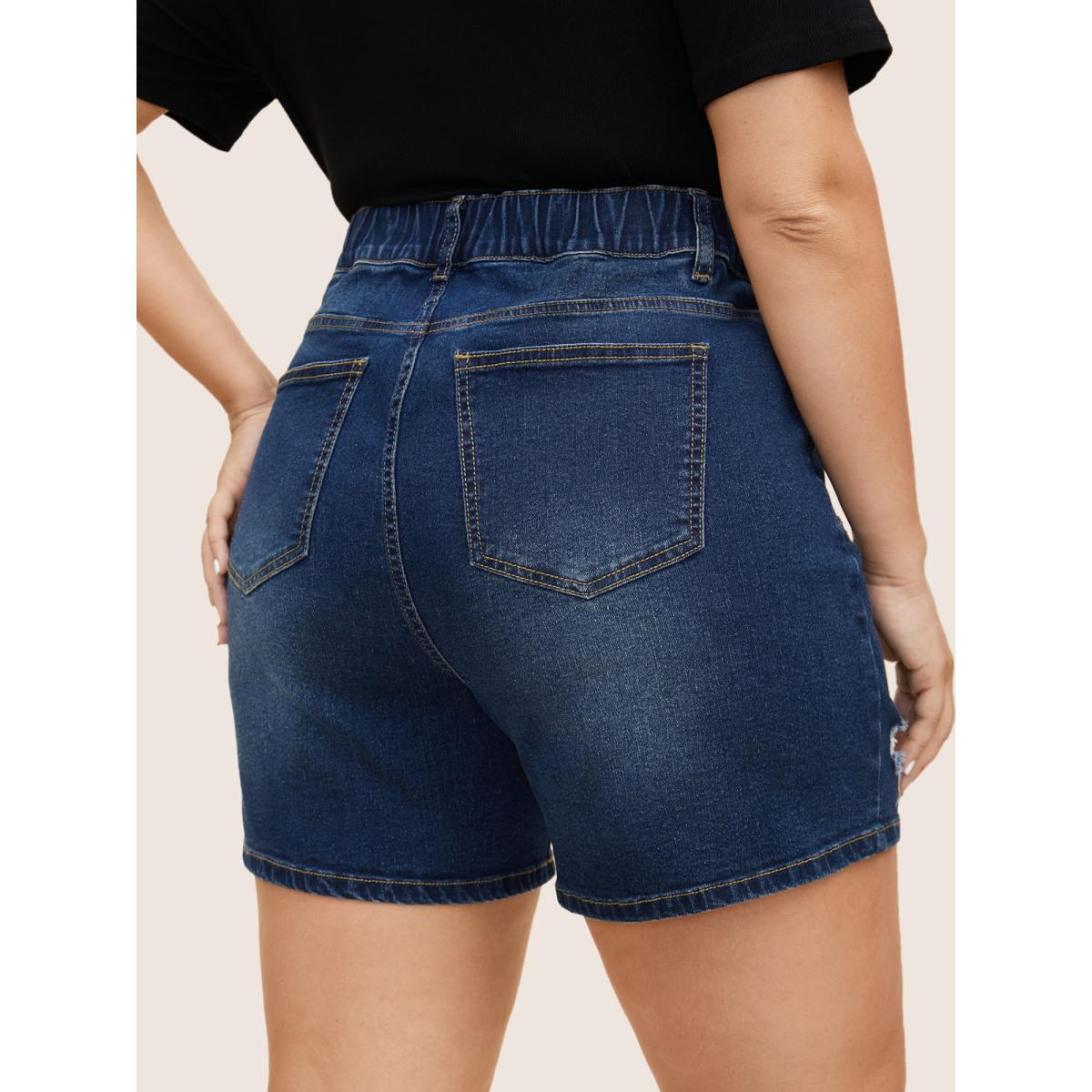 Plus Size Distressed Dark Wash High Stretch Denim Skinny Shorts Women Denimblue Distressed High stretch Everyday Slanted pocket Casual Denim Shorts BloomChic 24/3X Product Image