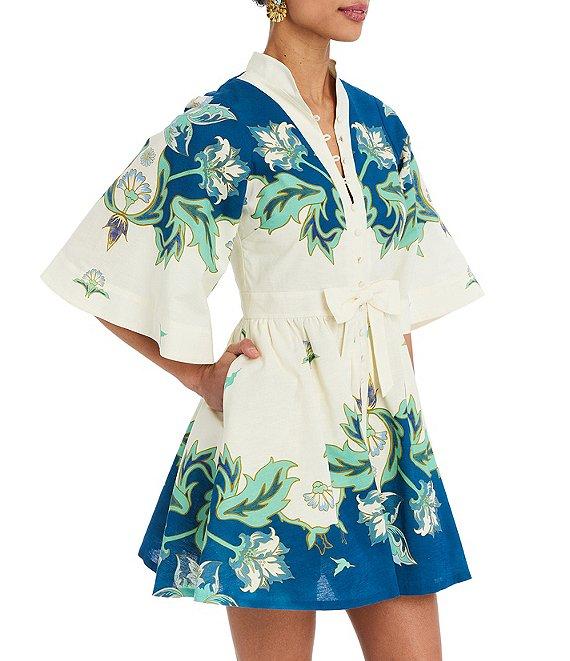 Mestiza New York Carmen Printed Button Up Mandarin Collar Butterfly 3/4 Sleeve Bow Tie Waist Linen Blend Mini A-Line Dress Product Image