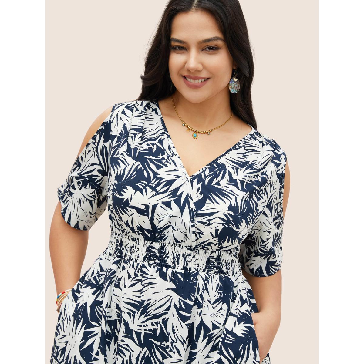 Plus Size Tropical Print Overlap Collar Shirred Cut Out Dress DarkBlue Women Resort Overlapping Overlap Collar Short sleeve Curvy Midi Dress BloomChic 30/6X Product Image