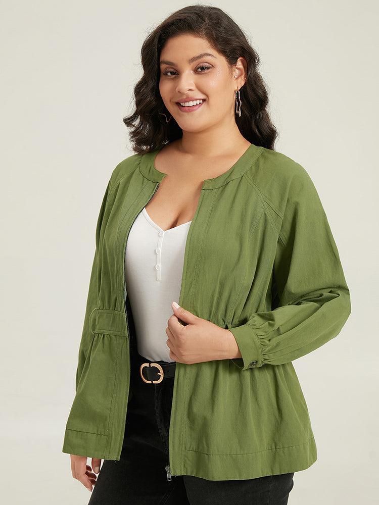 Solid Gathered Detail Belted Zipper Fly Coat Female Product Image