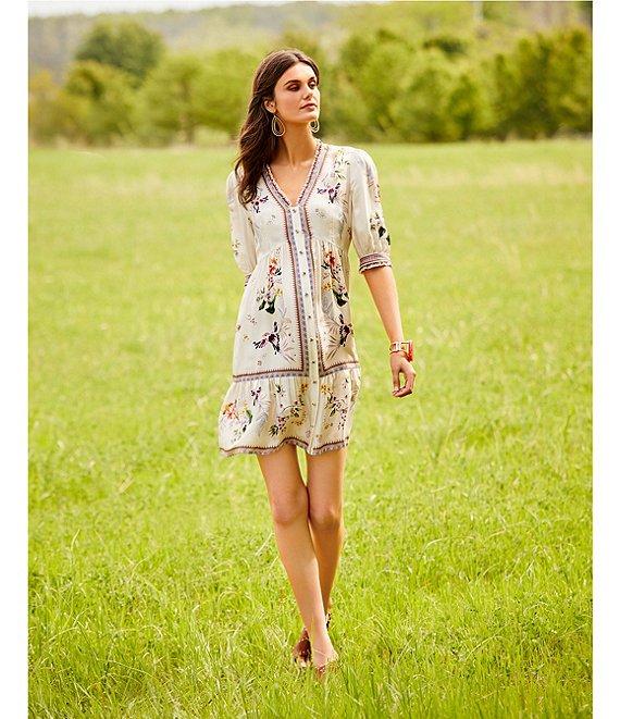 JOHNNY WAS Loren Floral Border Print Silk-Blend V-Neck Elbow Sleeve A-Line Dress Product Image