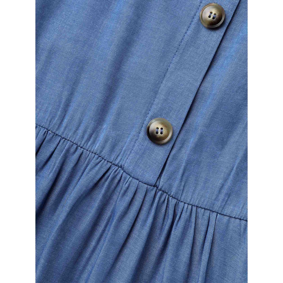 Plus Size Fake Denim Stretchy-Waist Placket Midi Dress LightBlue Women Casual Button Shirt collar Short sleeve Curvy BloomChic 10/M Product Image