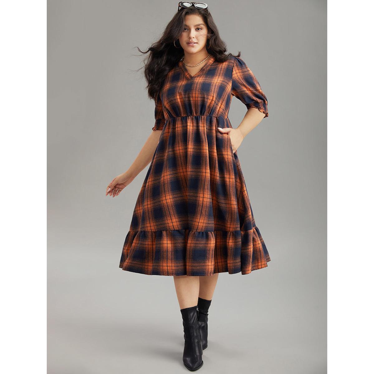 Plus Size Plaid Shirred Ruffles Pocket Dress Orange Women Elegant Printed V-neck Short sleeve Curvy Midi Dress BloomChic 30/6X Product Image