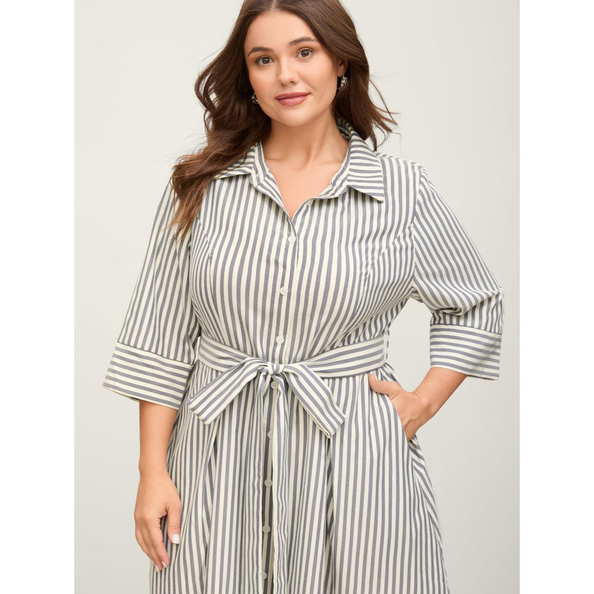 Plus Size Striped Waist Belt Midi Shirt Dress Indigo Women Office Belted Shirt collar Elbow-length sleeve Curvy BloomChic 18-20/2X Product Image