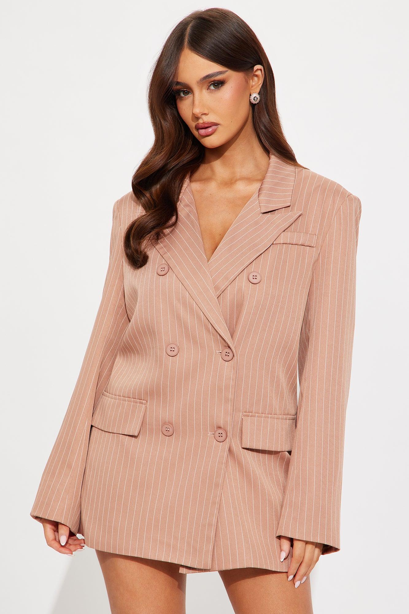 In Session Pinstripe Blazer Skort Set - Brown Female Product Image