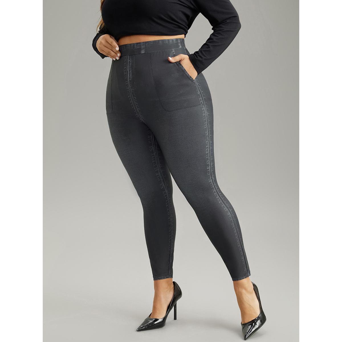 Plus Size Denim Effect Print Pocket Leggings Women Black Casual High stretch Skinny High Rise Dailywear Leggings BloomChic 28/5X Product Image