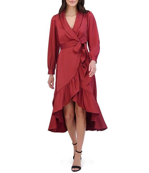 Vince Camuto Satin Split V-Neck Long Sleeve Faux Wrap Hi-Low Shirttail Dress Product Image