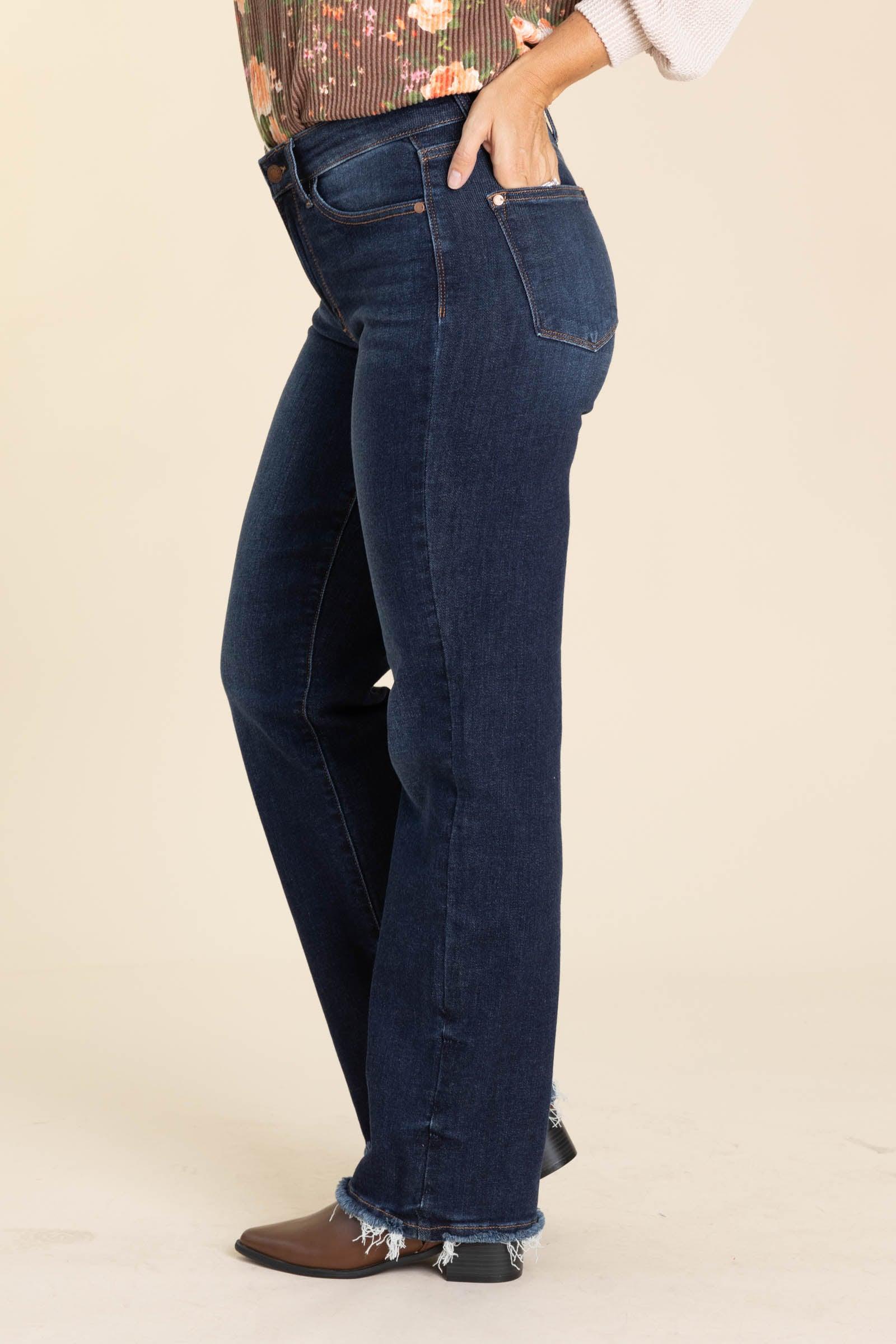 Judy Blue Dark Straight Leg Fray Hem Jeans Product Image