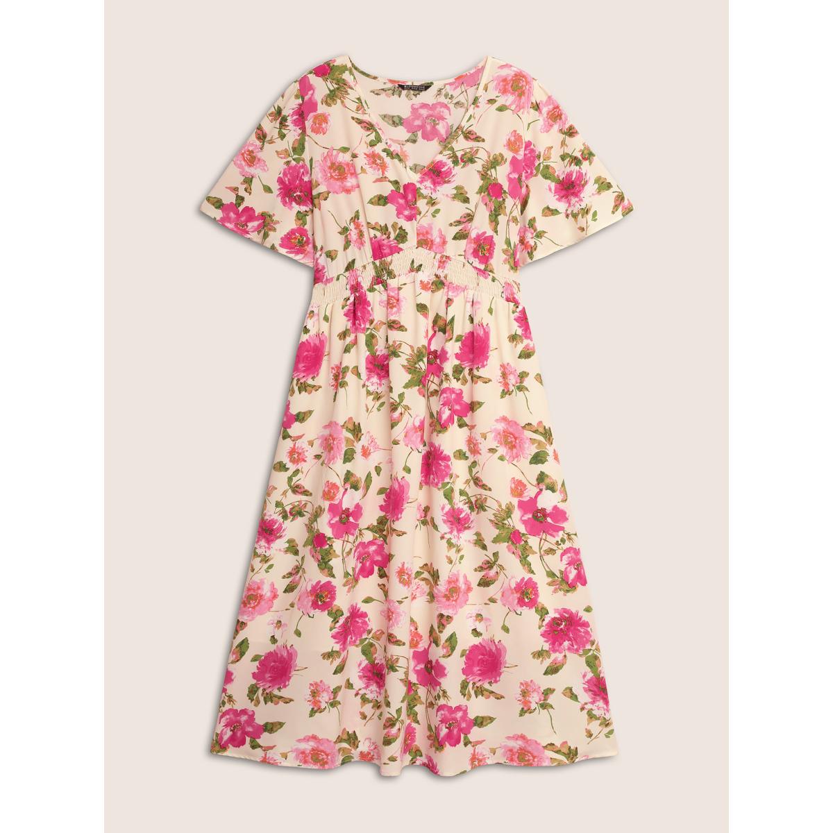 Plus Size V Neck Floral Shirred Flutter Sleeve Dress Ivory Women Elegant Shirred V-neck Short sleeve Curvy BloomChic 10/M Product Image