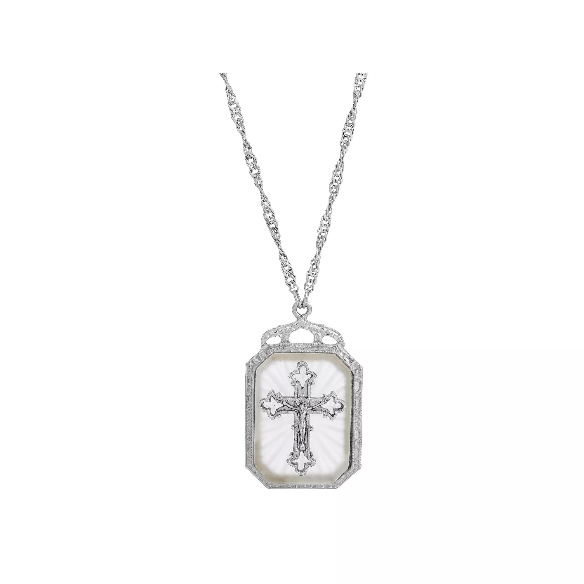 Symbols of Faith Silver-Tone Crystal Cross Large Pendant Necklace, Women's, White Product Image