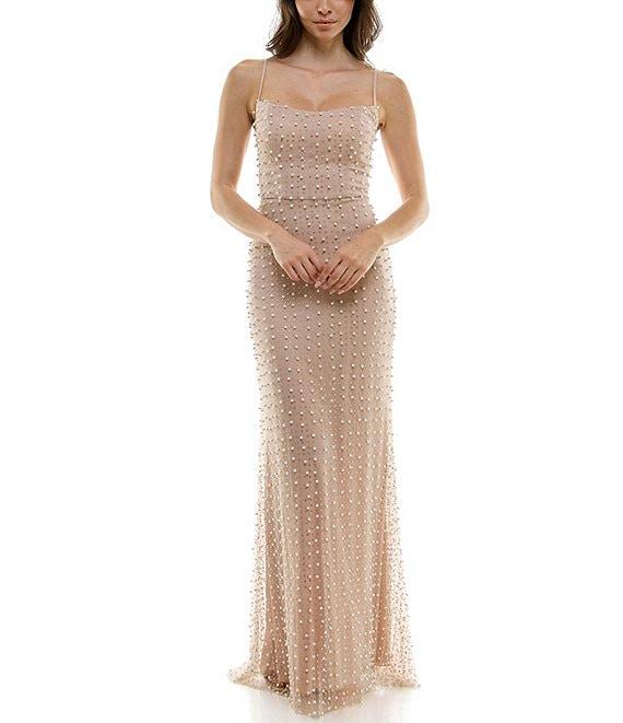 B. Darlin Stones & Pearls Scoop Neck Spaghetti Strap Maxi Dress Product Image