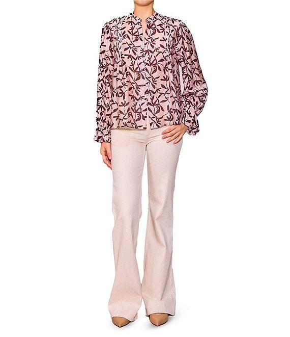 MELLODAY Floral Split Neck Long Sleeve Button Front Blouse Product Image