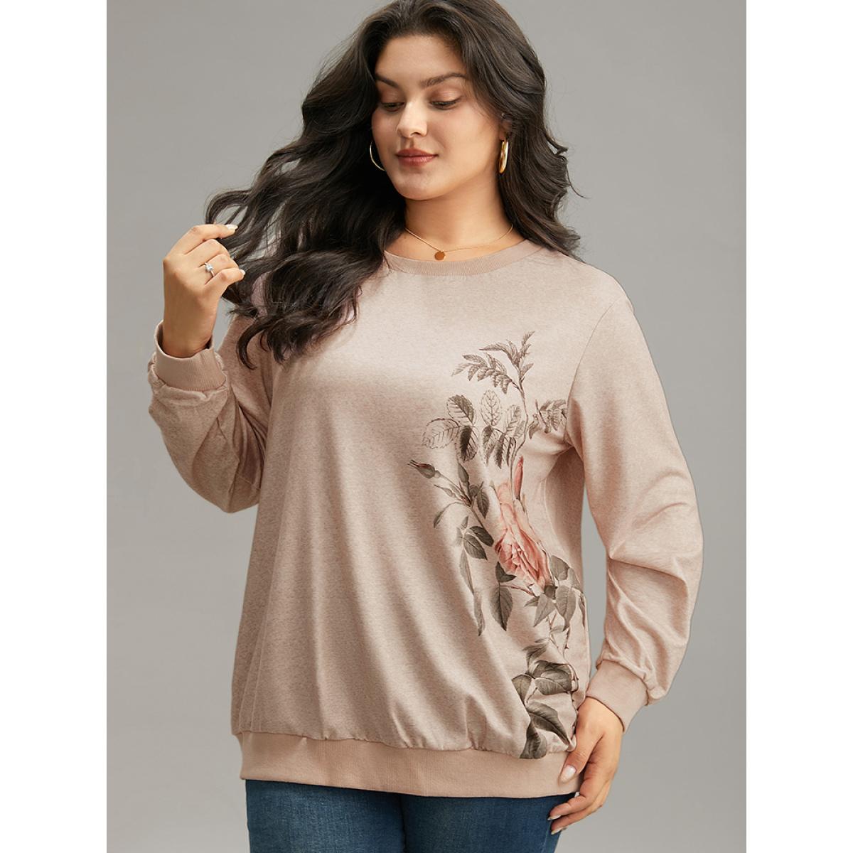 Plus Size Floral Print Elastic Cuffs Sweatshirt Women LightBrown Casual Elastic cuffs Round Neck Dailywear Sweatshirts BloomChic 26/4X Product Image