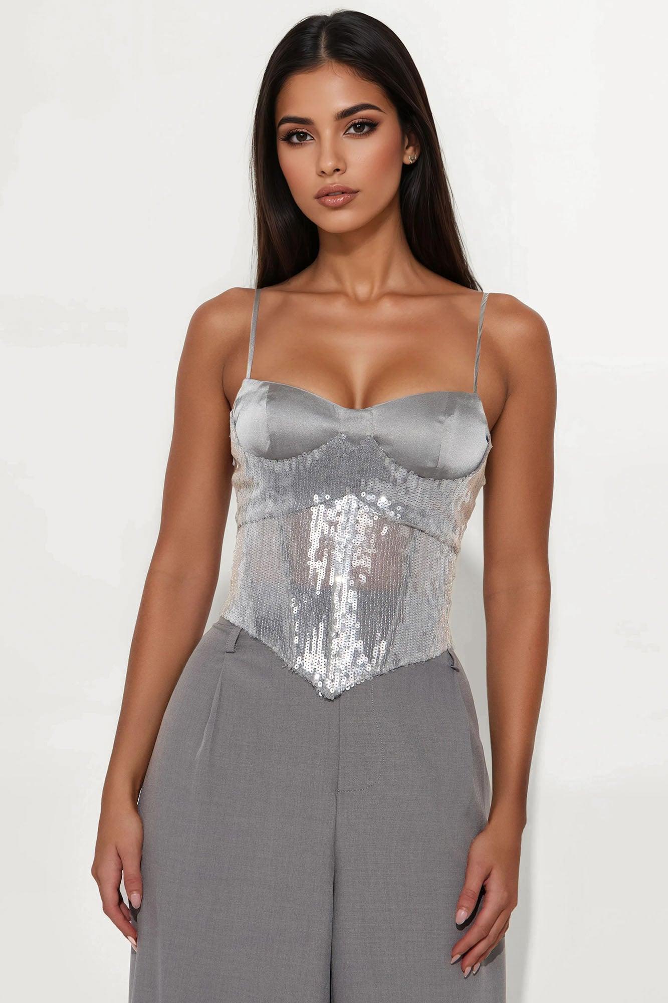 Glam Up Sequin Corset Top - Grey Female Product Image