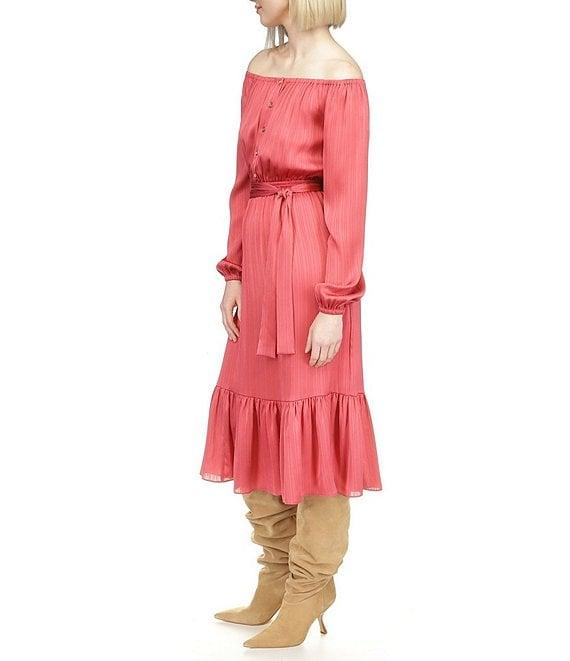 Michael Kors Sheen Stripe Long Sleeve Tie Waist Flounce Hem Midi Dress Product Image