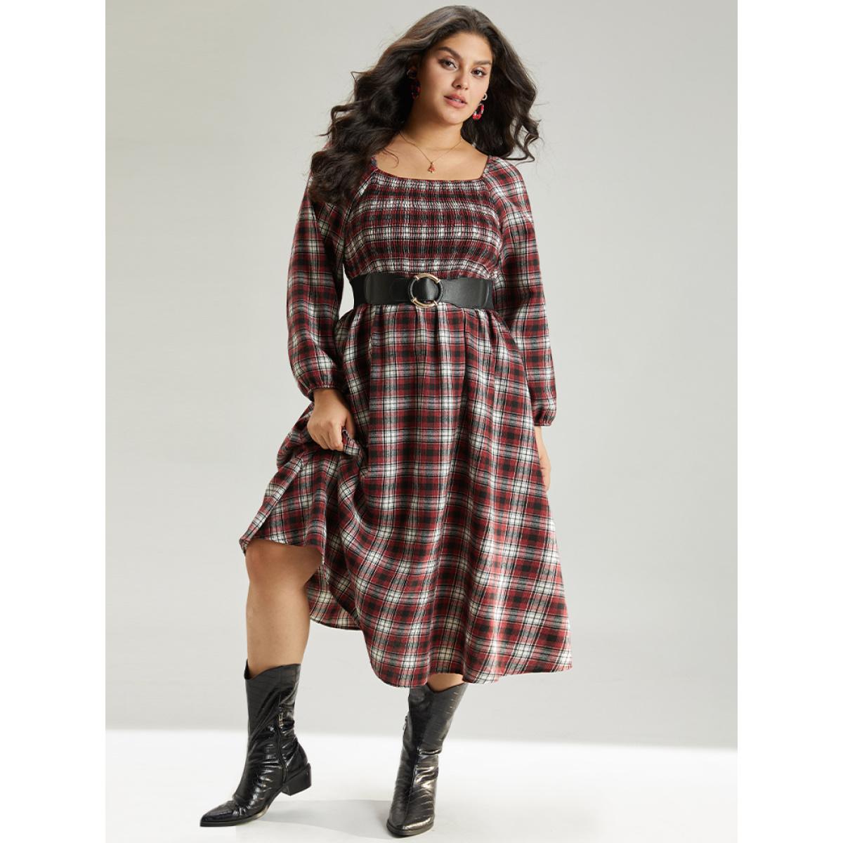 Plus Size Square Neck Plaid Shirred Lantern Sleeve Dress Red Women Casual Elastic cuffs Square Neck Long Sleeve Curvy Midi Dress BloomChic 14-16/1X Product Image