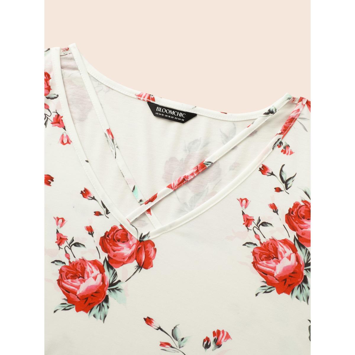 Plus Size Floral Crisscross V Neck T-shirt White Women Elegant Floral V-neck Everyday T-shirts BloomChic 12/L Product Image