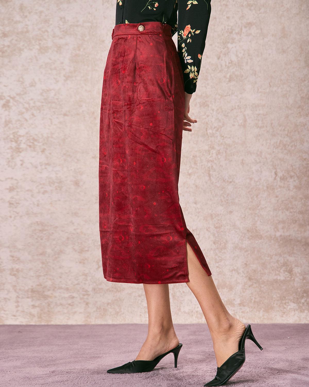 The Wine Red Split Hem Velvet Midi Skirt Product Image