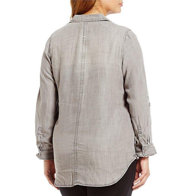 Intro Plus Size Button Front Slub Point Collar Roll-Tab Long Sleeve Lyocell Shirt Product Image