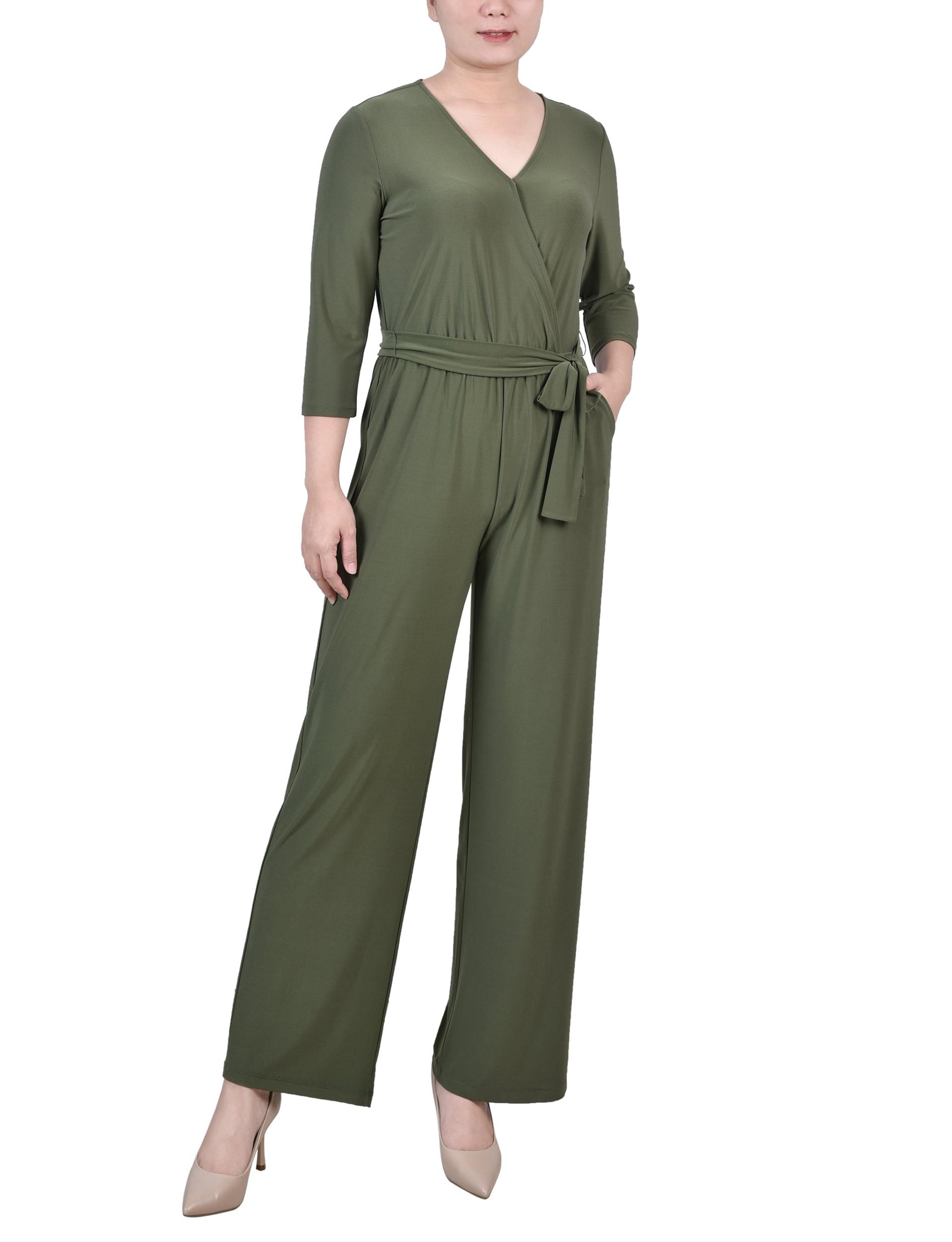 Olive Short 3/4 Sleeve Belted Jumpsuit - Petite Product Image