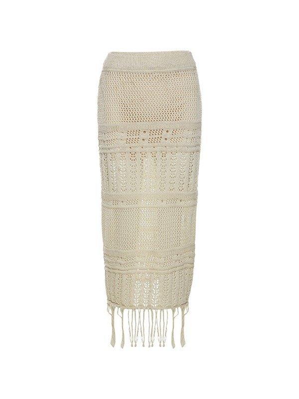 Fringed Crochet Hollow Knit Long Skirt Product Image