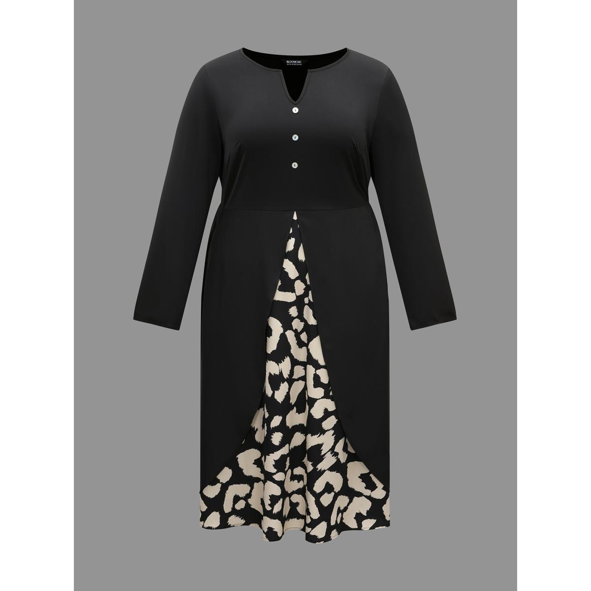 Plus Size Leopard Print Two-Piece Elastic Waist Dress Black Women Elegant Patchwork Notched collar Long Sleeve Curvy BloomChic 10/M Product Image