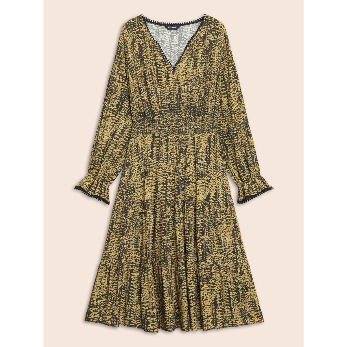 Plus Size Geometric Print Pompom Trim Ruffles Dress Black Women Resort Woven ribbon&lace trim V-neck Long Sleeve Curvy BloomChic 18-20/2X Product Image