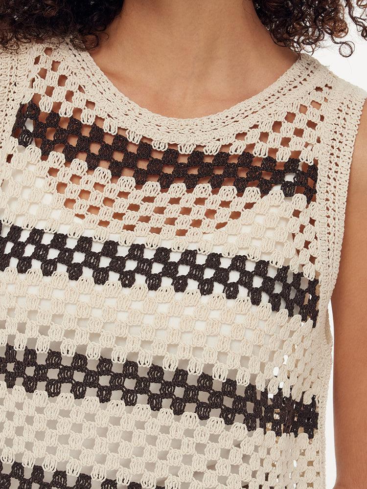 Brown Stripe Women Open-Knit Tank Top Product Image
