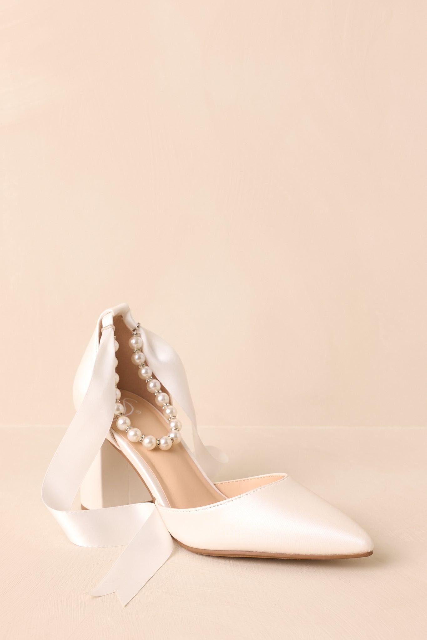 Just Felt Right Ivory Satin Pearl Ankle Strap Block Heels Product Image