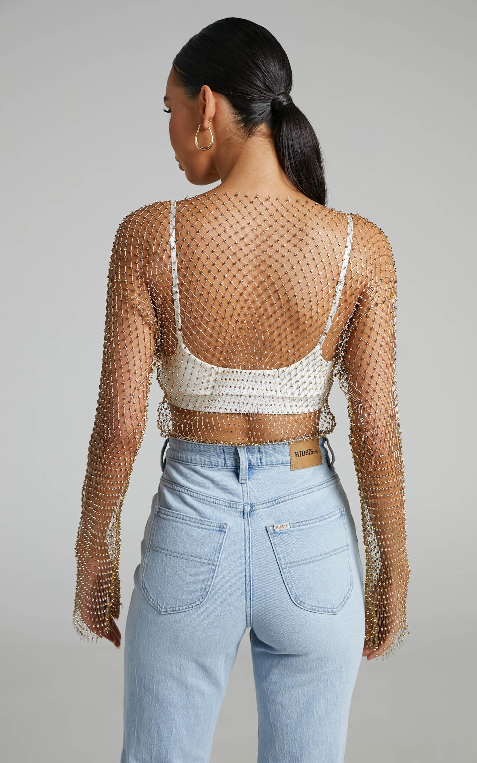 Charess Top - Diamante Mesh Long Sleeve Top in Gold Product Image