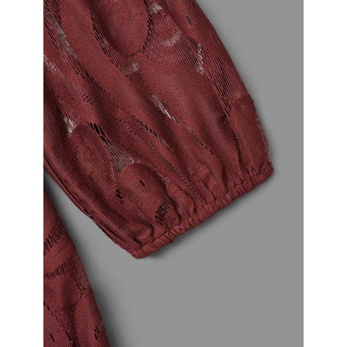 Plus Size Crochet Lace Mesh Lantern Sleeve Dress Burgundy Women Cocktail Overlapping Party Curvy Bloomchic 30/6X Product Image