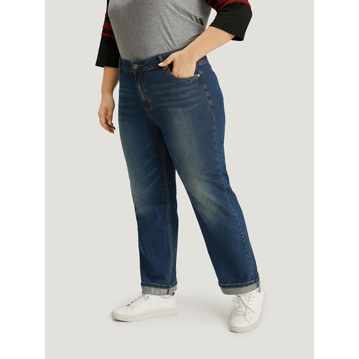 Plus Size Plain Roll Hem Medium Wash Full Length Jeans Women Indigo Casual Plain Plain High stretch Pocket Jeans BloomChic 26/4X Product Image