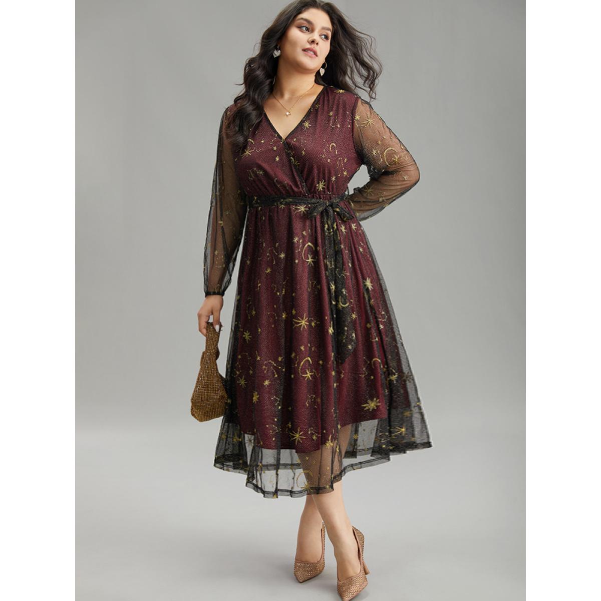 Plus Size Moon & Star Embroidered Mesh Wrap Dress Scarlet Women Party Elastic cuffs Overlap Collar Long Sleeve Curvy Midi Dress BloomChic 28/5X Product Image