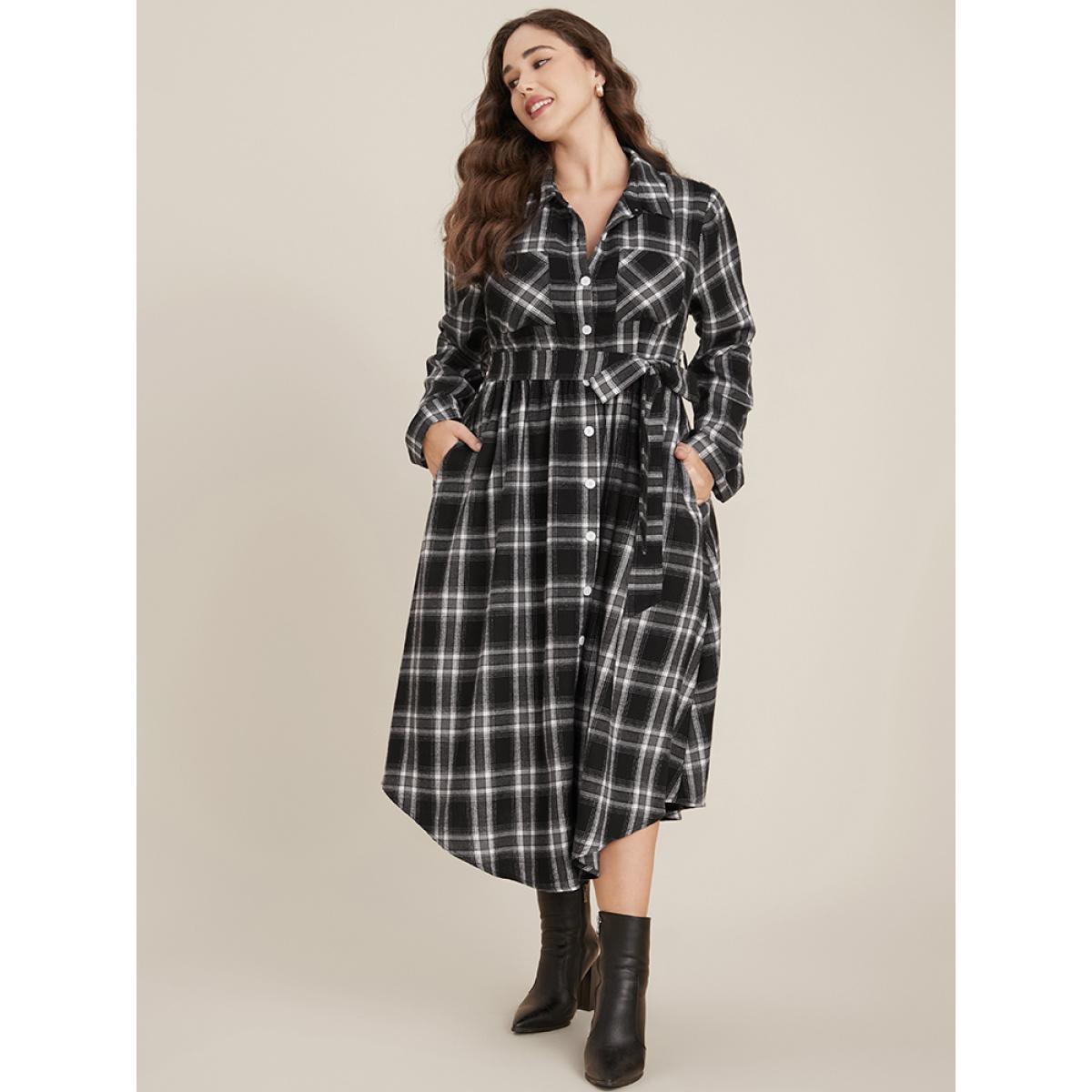 Plus Size Plaid Pocket Button Cuffed Sleeve Belted Arc Hem Dress Black Women Office Belted Shirt collar Long Sleeve Curvy Midi Dress BloomChic 30/6X Product Image