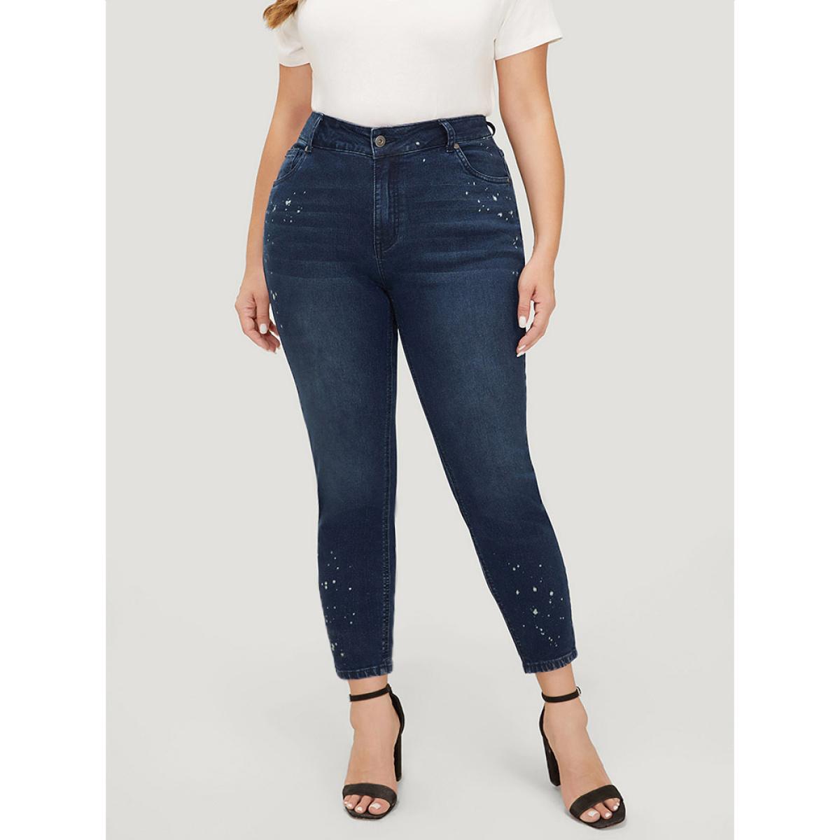 Plus Size Very Stretchy High Rise Dark Wash Paint Jeans Women DarkBlue Casual Plain High stretch Pocket Jeans BloomChic 24/3X Product Image