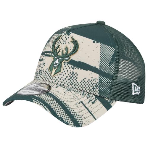Men's New Era Hunter Green/Cream Milwaukee Bucks Tip Off A-Frame Trucker 9FORTY Adjustable Hat, Team Product Image