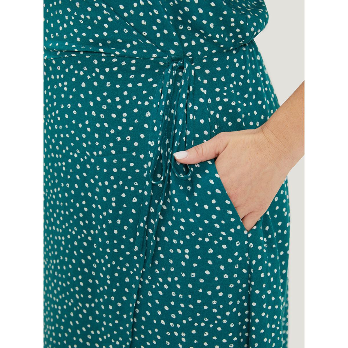 Plus Size Polka Dot Ties Wrap Hem Ruffle Cap Sleeve Dress Emerald Women Elegant Cross straps V-neck Cap Sleeve Curvy Knee Dress BloomChic 14-16/1X Product Image