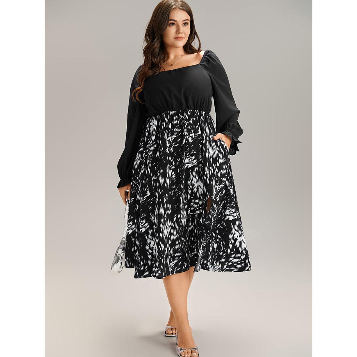 Plus Size Square Neck Brush Print Patchwork Split Hem Dress BlackFlower Women At the Office Elastic cuffs Square Neck Half Sleeve Curvy Midi Dress BloomChic 22-24/3X Product Image
