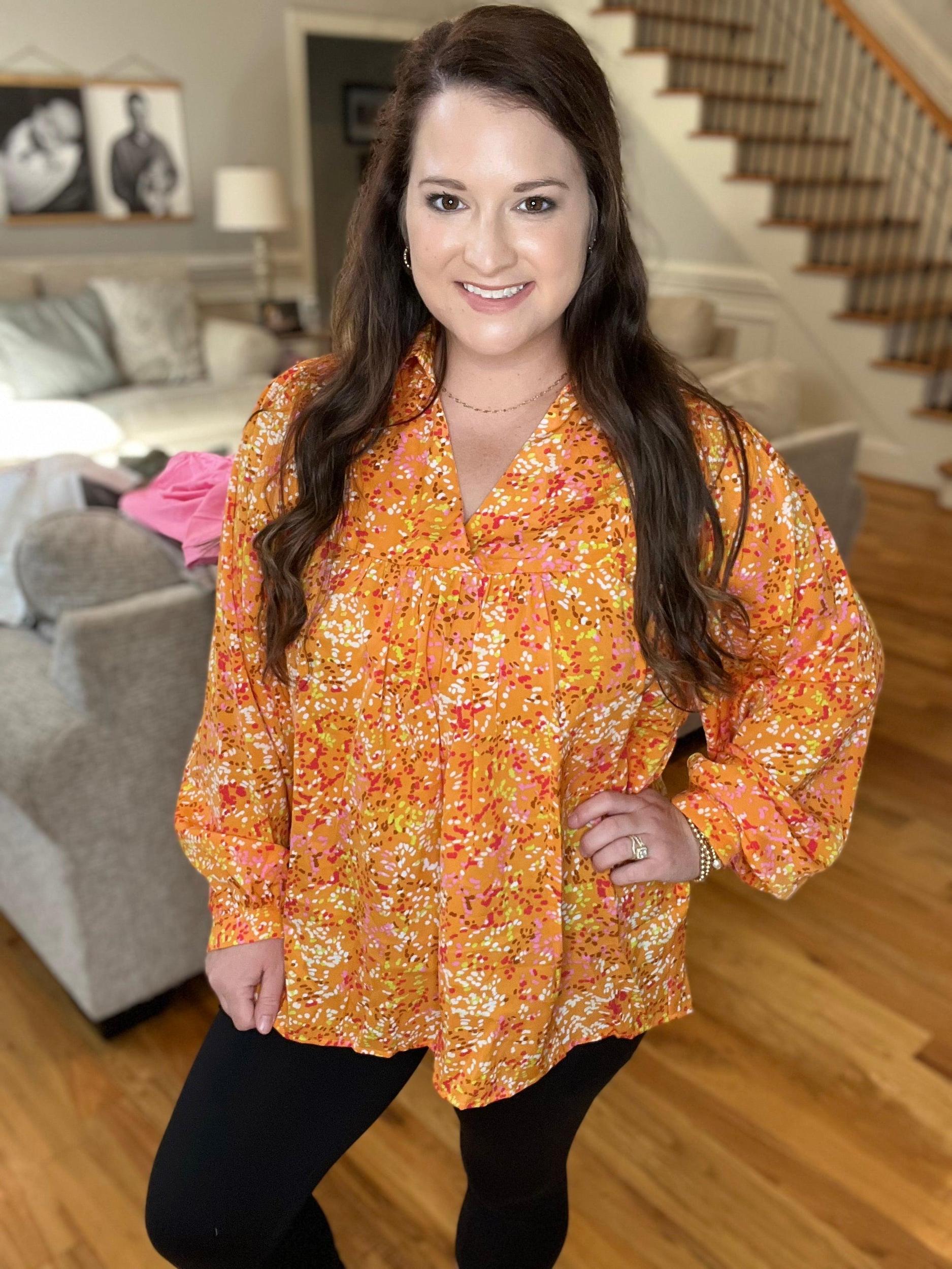 Abstract V-Neck Babydoll Blouse: Orange Product Image