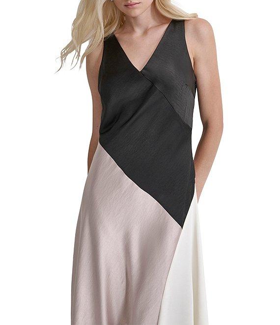 DKNY by Donna Karan Woven Color Block V-Neck Sleeveless Chemise Midi Dress Product Image