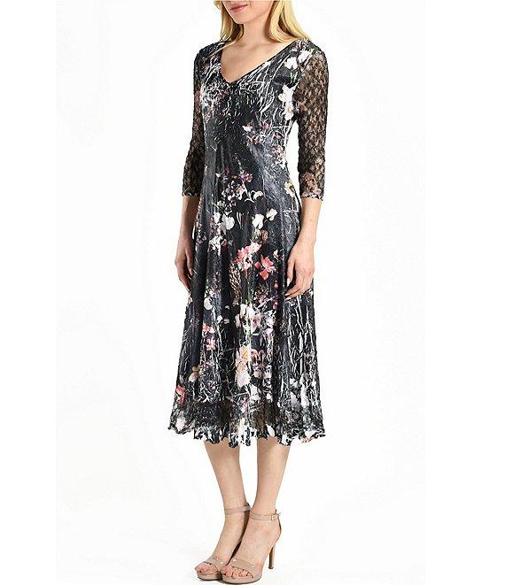 Komarov Pleated Charmeuse V Neckline Lace 3/4 Sleeve A Line Midi Dress Product Image