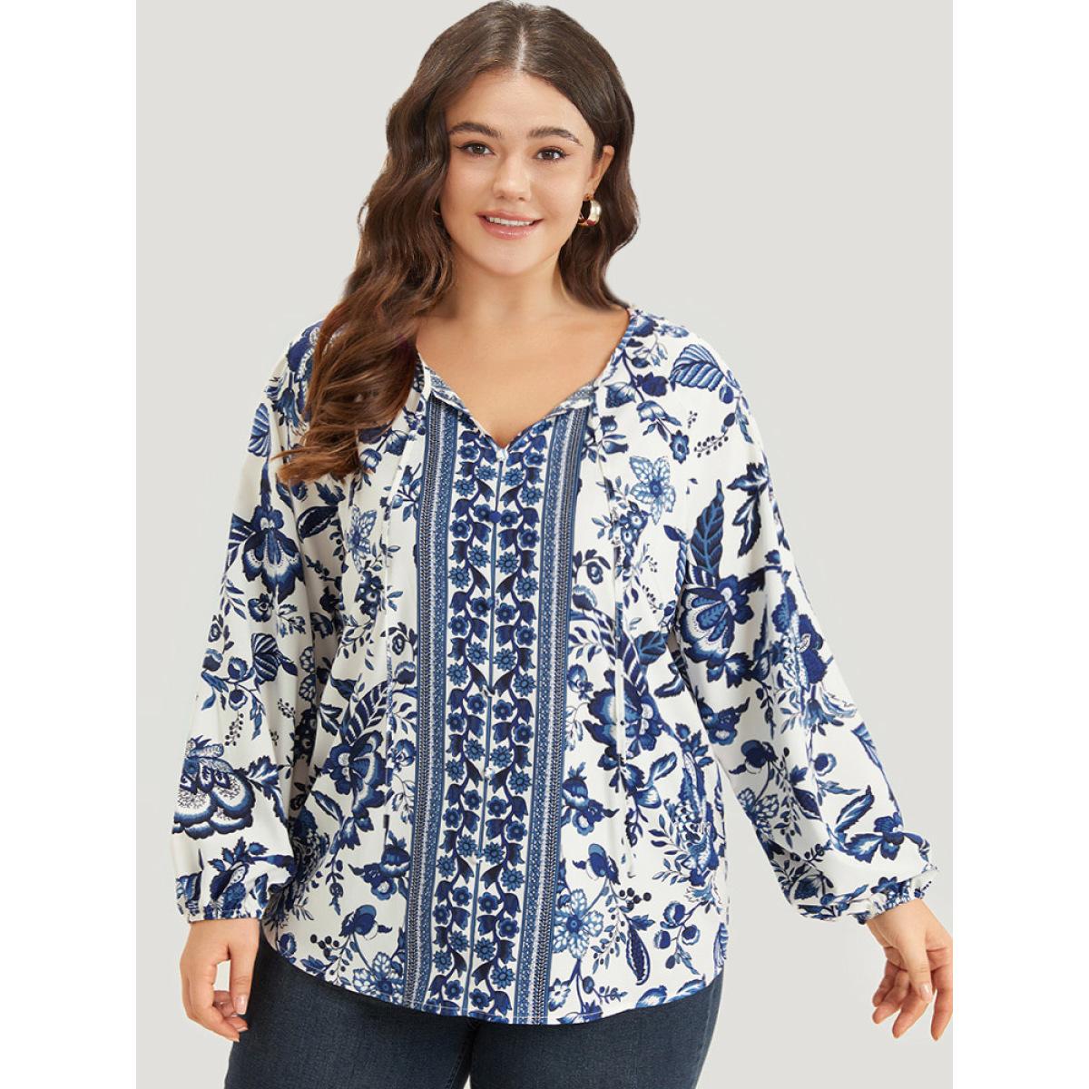 Plus Size Navy Boho Print Knot Neck Lantern Sleeve Blouse Women Vacation Long Sleeve Tie Neck Dailywear Blouses BloomChic 22-24/3X Product Image