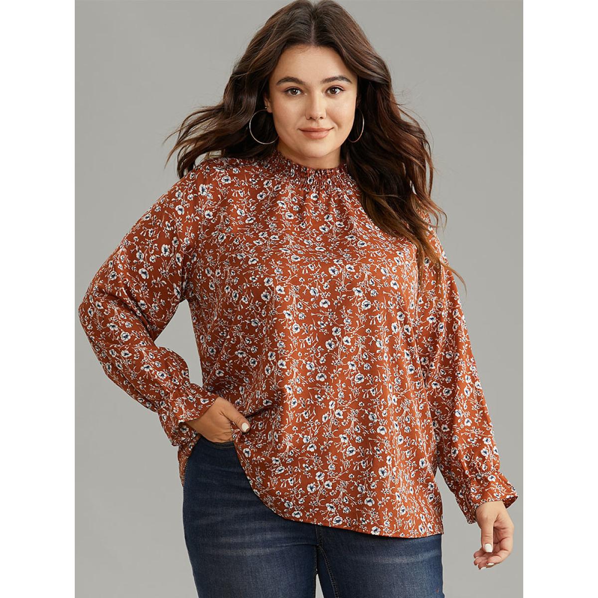 Plus Size Rust Ditsy Floral Shirred Pocket Layered Blouse Women Elegant Long Sleeve Round Neck Dailywear Blouses BloomChic 10/M Product Image