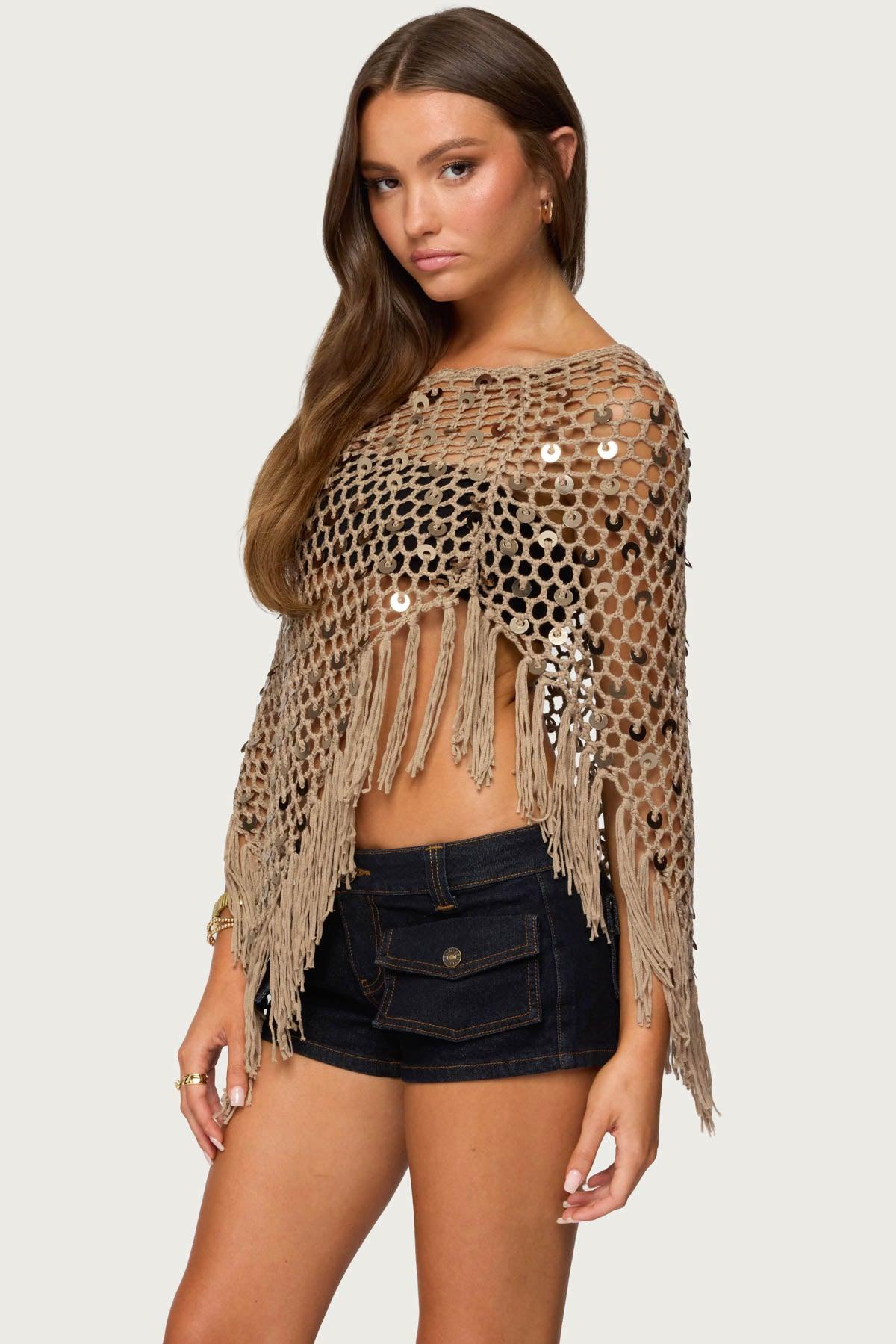 Fringe Sequin Crochet Poncho Product Image