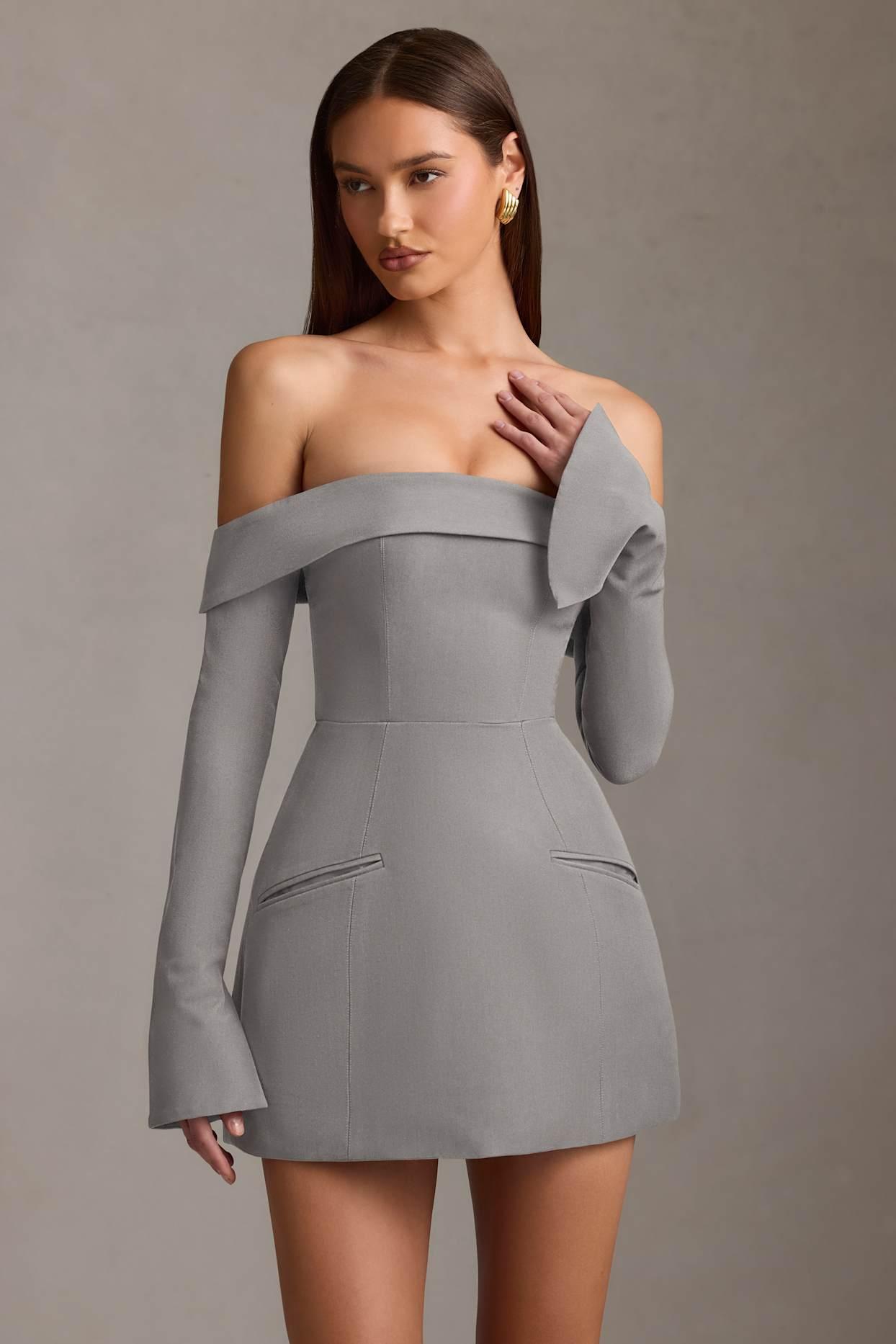 Off-Shoulder Structured A-Line Mini Dress in Grey Product Image