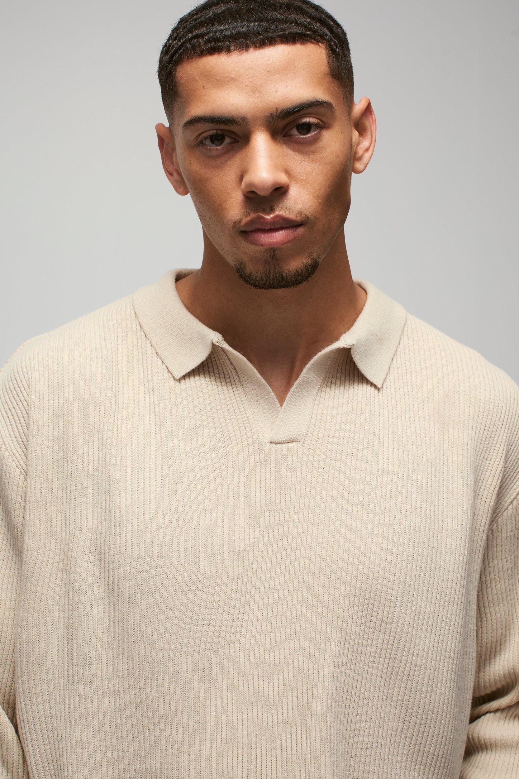 Oversized Ribbed Revere Neck Knitted Polo | boohooMAN USA Product Image